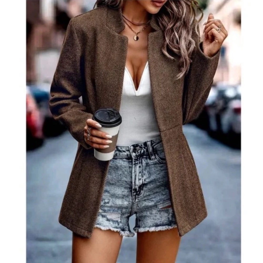 Luxe Brown Herringbone Blazer Jacket Coat